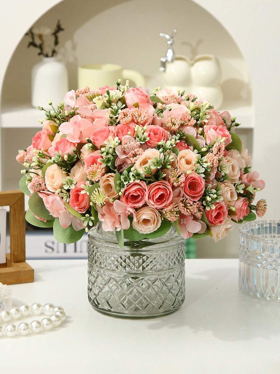 1 束 6 头人造玫瑰花，Ins 风格，适合家居装饰、婚礼新娘花束、情人节 - 珊瑚粉 - 查看 1