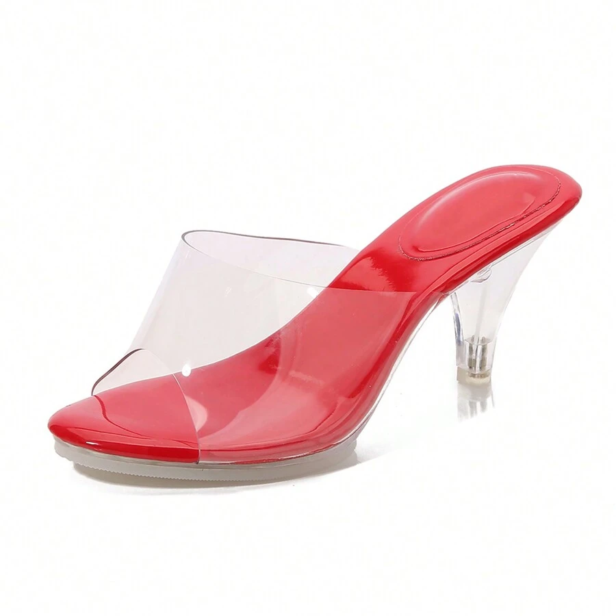 Women's Clear Heels Sandals Clear Strap Slip On Transparent Kitten Mules - 紅色 - 查看 1