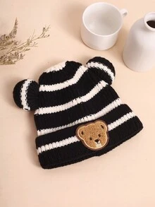 1頂黑白秋冬兒童編織帽,黑白條紋熊頭毛線帽,捲邊保暖帽