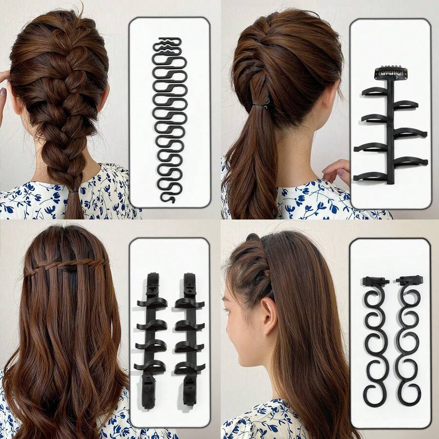 1set Girl's Hair Braiding Kit With Multiple Styling Tools, Including Beaded Hair As Decoration - Black - View 1