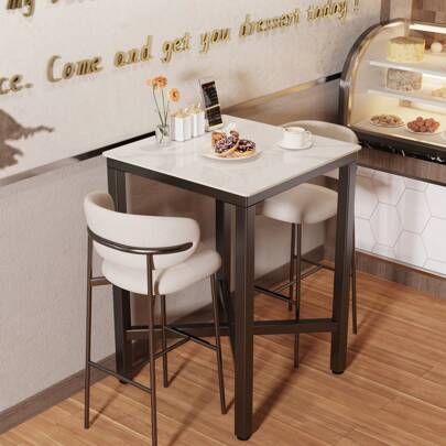 Bartisch Weiß Bistrotisch Marmor, Eckig Stehtisch Küche Schmal Stabiler Küchentisch mit Metallgestell für Küchen 70x70cm