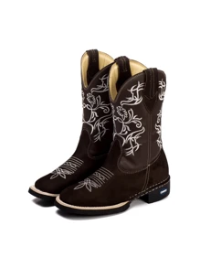 Bota Texana Feminina Bico Quadrado Couro Veludo Nobuck Café Detalhe Branco - Marrom - Visão 2