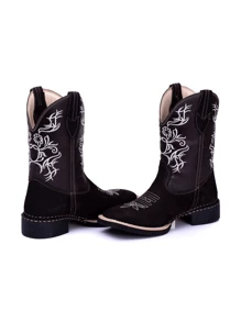 Bota Texana Feminina Bico Quadrado Couro Veludo Nobuck Café Detalhe Branco - Marrom - Visão 4