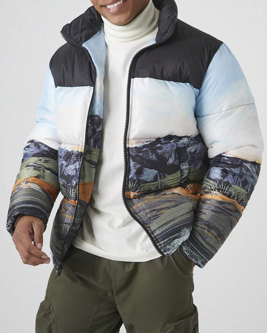 Mountain Landscape Puffer Jacket - Black - View 1