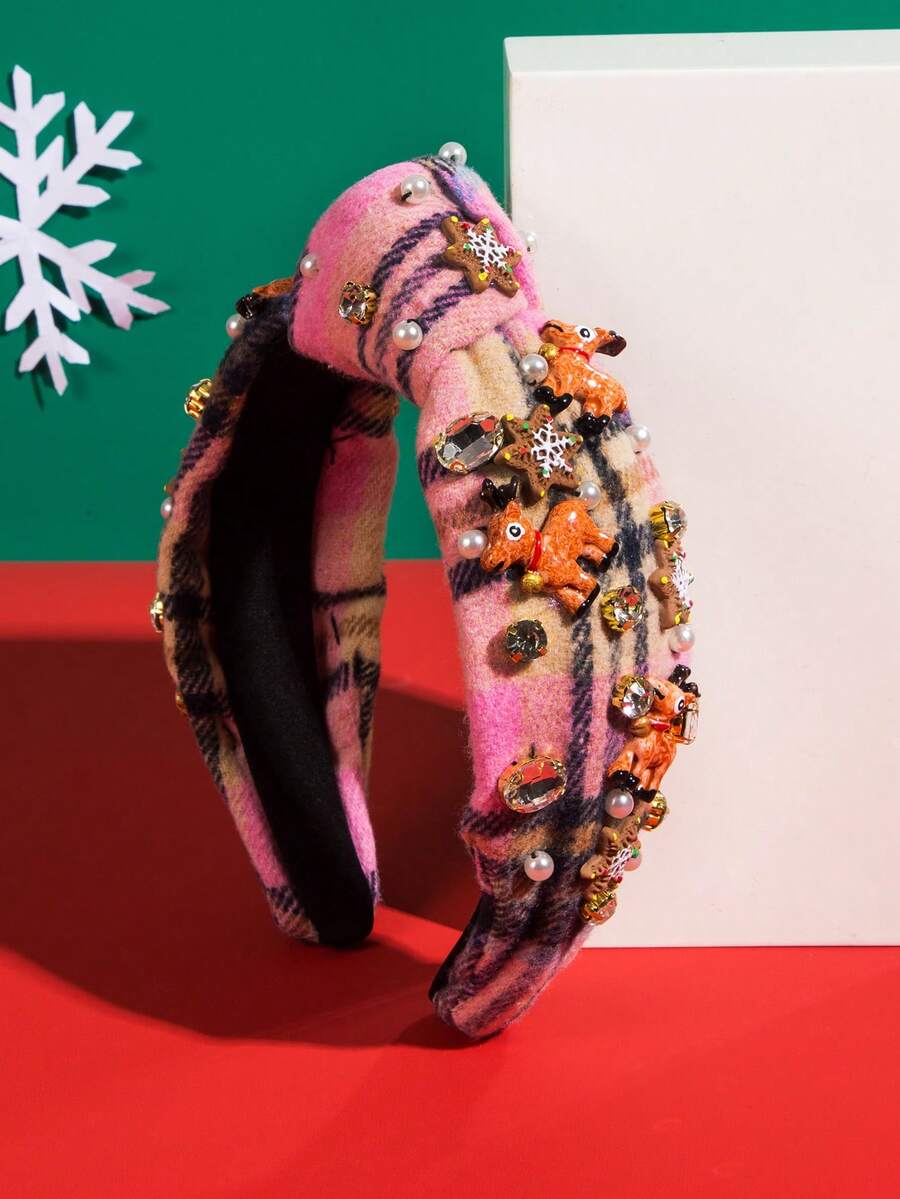 1入組女士粉色法蘭絨&網紗麋鹿&雪花裝飾聖誕節頭帶髮飾