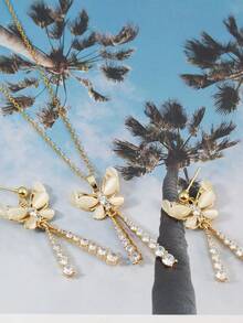 時尚方晶鋯石&蝴蝶&流蘇&鍍金吊墜項鍊耳環首飾套裝,適合女士日常佩戴