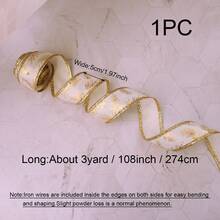 1 件聖誕絲帶、和金箔印刷白絲帶,用於禮品包裝、聖誕樹裝飾、節日裝飾品(邊緣有防銹絲,易於塑形)