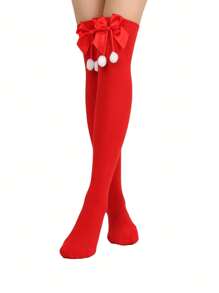 1 雙聖誕蝴蝶結球過膝大腿高筒襪,女式條紋,萬聖節,節日服裝 - 紅色 - 查看 1