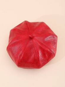 1pc Unisex Red Octagonal Pu Leather Beret Hat, Suitable For Daily Travelling - Red - View 6