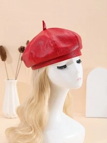 1pc Unisex Red Octagonal Pu Leather Beret Hat, Suitable For Daily Travelling - Red - View 4