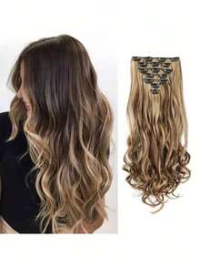 假髮夾接髮化纖高溫絲長直髮無縫假髮片7件套16夾發