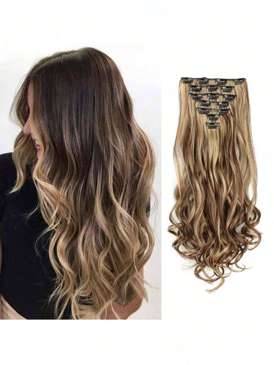 假髮夾接髮化纖高溫絲長直髮無縫假髮片7件套16夾發