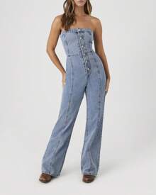 Strapless Straight-Leg Denim Jumpsuit - Light Wash - View 1
