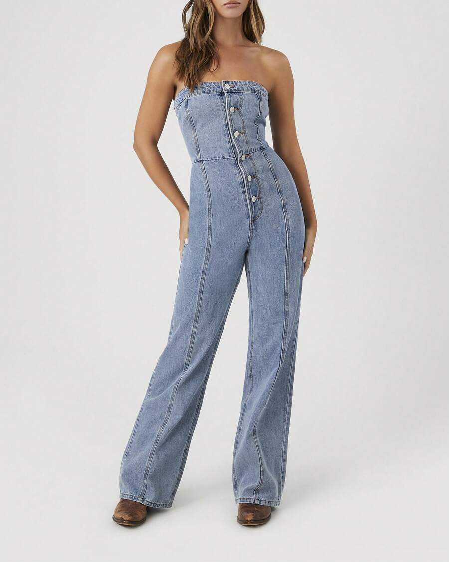 Strapless Straight-Leg Denim Jumpsuit - Light Wash - View 1