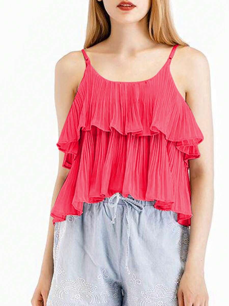 Tops de tirantes unicolor a capas para mujer - Rosa Fucsia - Ver 1