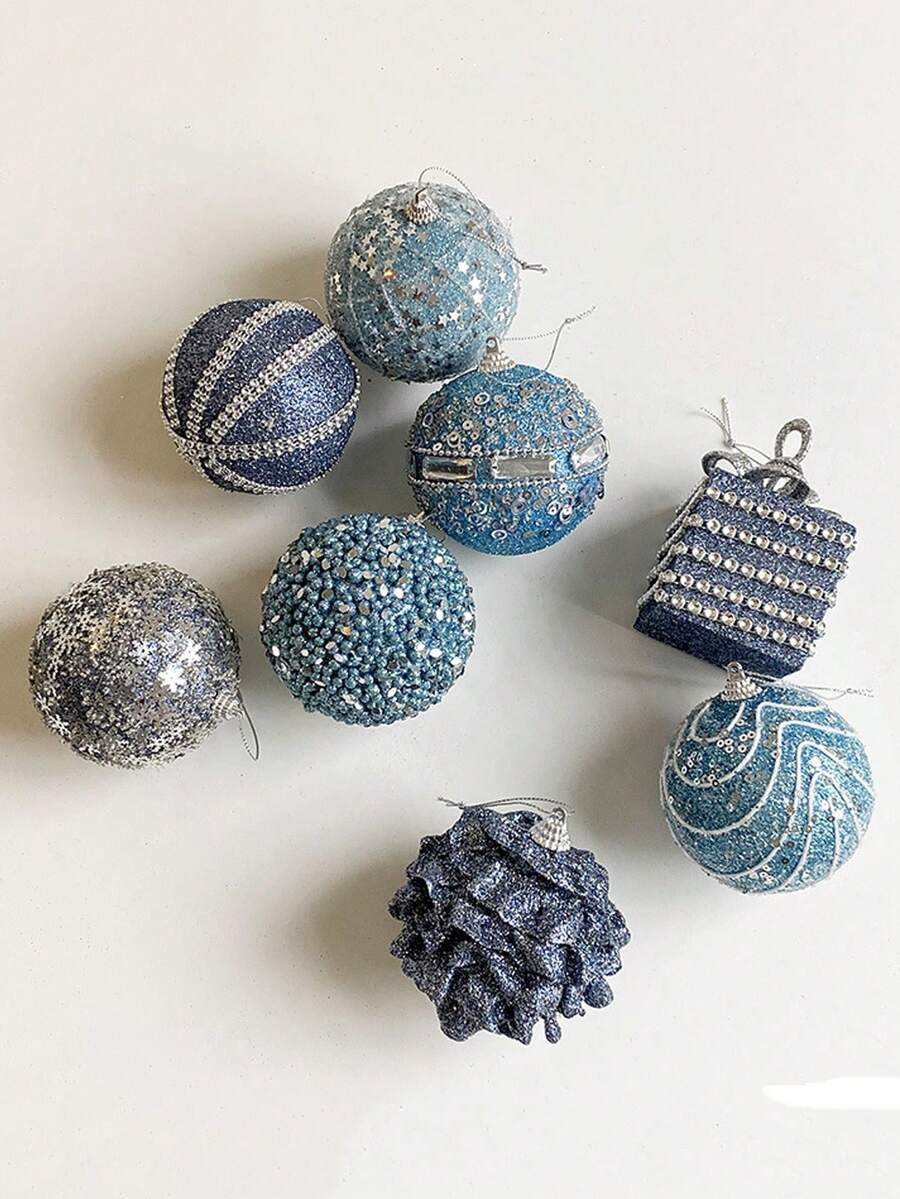 1 Bộ đồ trang trí quả cầu Giáng sinh bằng xốp lấp lánh, đồ trang trí ngày lễ - Gói 8 màu xanh nhạt - Xem 1