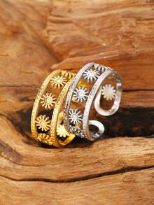 1入復古優雅的不銹鋼太陽形可調開口戒指,時尚精美的女式飾品,派對禮物 - 銀色 - 查看 6