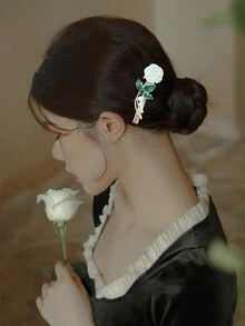 1pc 6.5cm Faux Pearl Flower Hair Clip - Gold - View 1