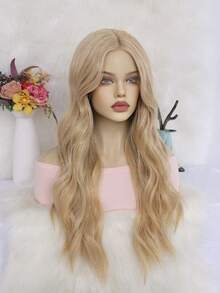 13*5*1 T 型长波浪金色混合彩虹闪光金属丝蕾丝前假发，自然预拔发际线高清蕾丝假发，中分造型，优质合成高温纤维发丝，非常适合女性的假发，含 1 件假发帽 - 金色 - 查看 3