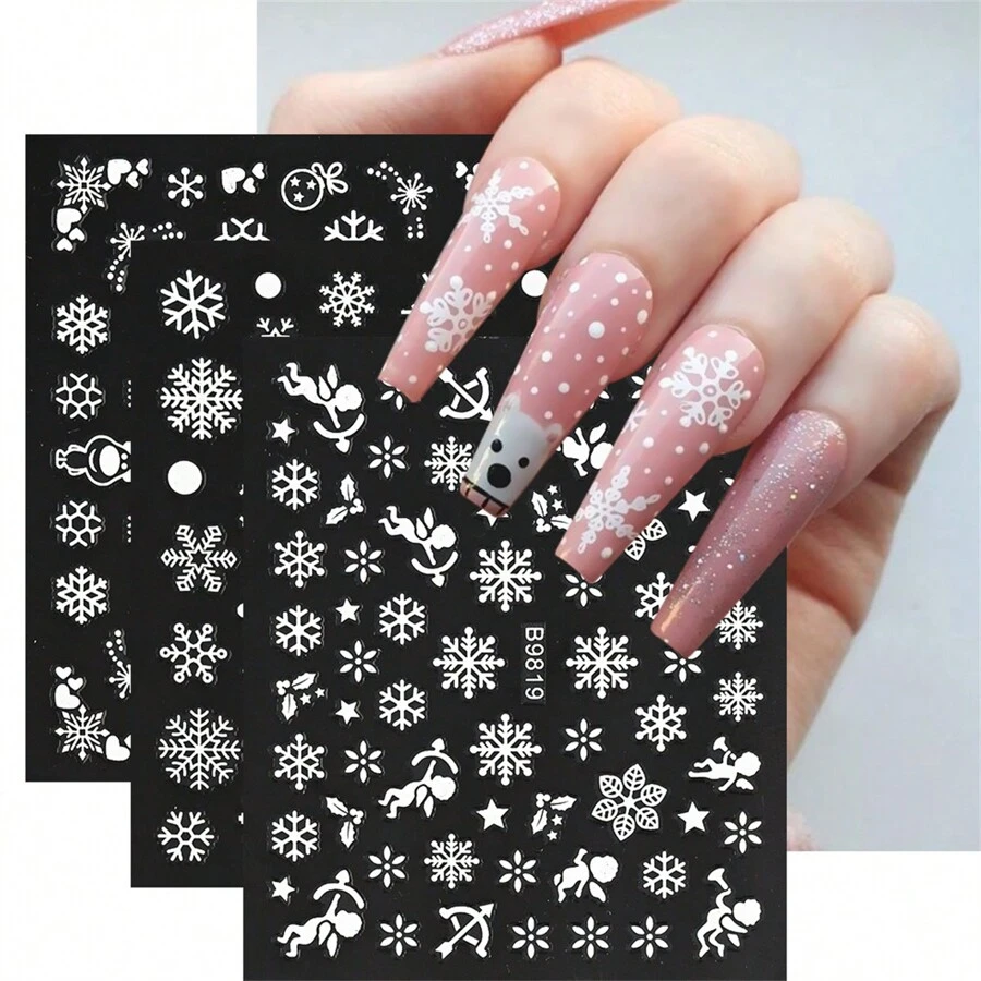 30pcs Winter Christmas Style White Snowflake Nail Art Set With Reindeer And Rhinestone Decorations - White - View 1