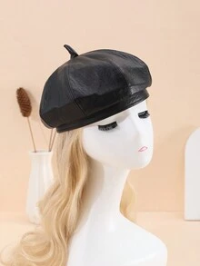 1pc Unisex Red Octagonal Pu Leather Beret Hat, Suitable For Daily Travelling - Red - View 1