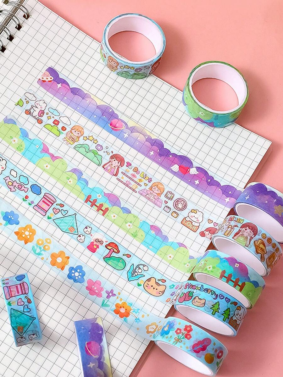 4 件/盒隨機卡通女孩元素黏性紙膠帶貼紙,非常適合 Diy 工藝品、筆記本、剪貼簿、日曆、節日裝飾 - 彩色 - 查看 1