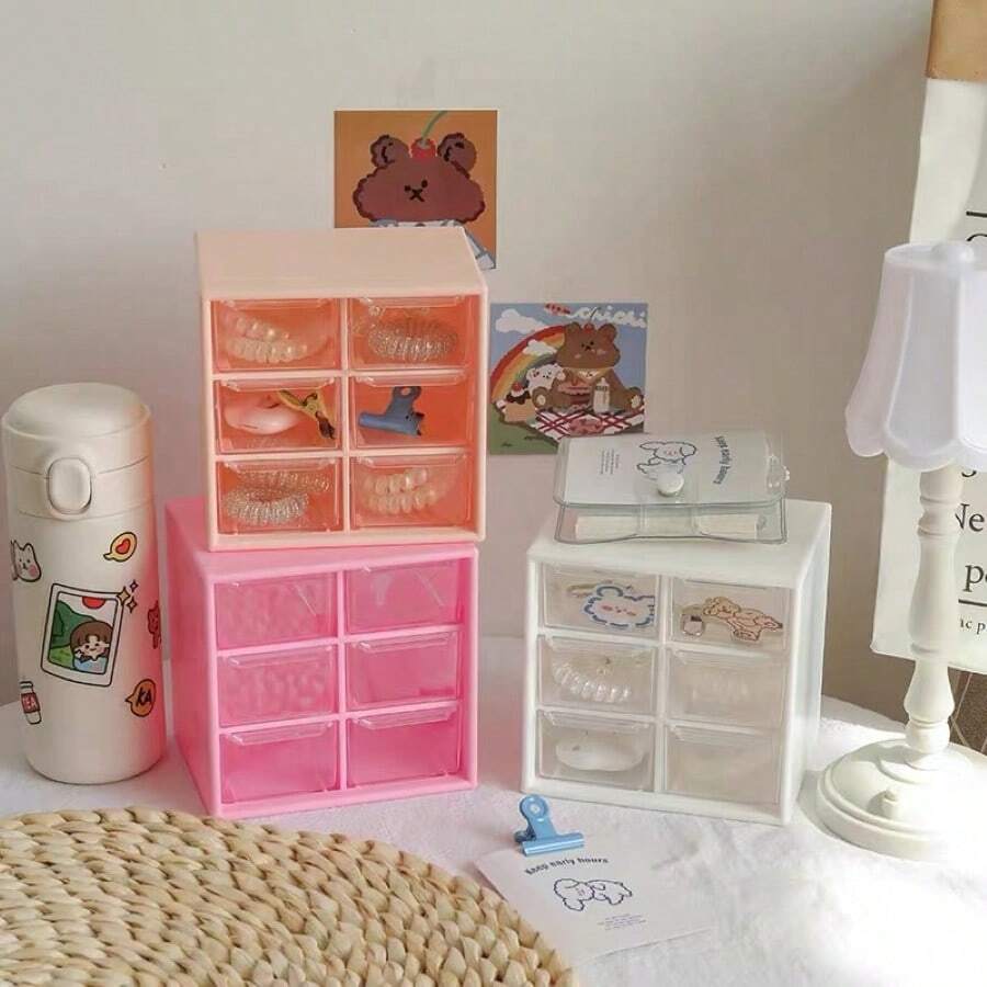 YUDA Divided Drawer Type Desktop Storage Box - Hot Pink - View 1