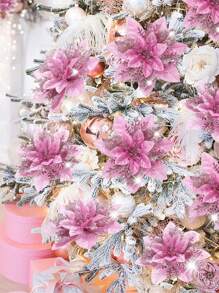 4 piezas Aprox. 14cm Flores de Navidad Artificiales con Brillo Rosa, Decoraciones para Árbol de Navidad, Decoración del Hogar Feliz Navidad, Regalo de Año Nuevo, Suministros para Fiesta de Navidad 2024 - Rosa - Ver 5