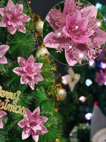 4 piezas Aprox. 14cm Flores de Navidad Artificiales con Brillo Rosa, Decoraciones para Árbol de Navidad, Decoración del Hogar Feliz Navidad, Regalo de Año Nuevo, Suministros para Fiesta de Navidad 2024 - Rosa - Ver 3
