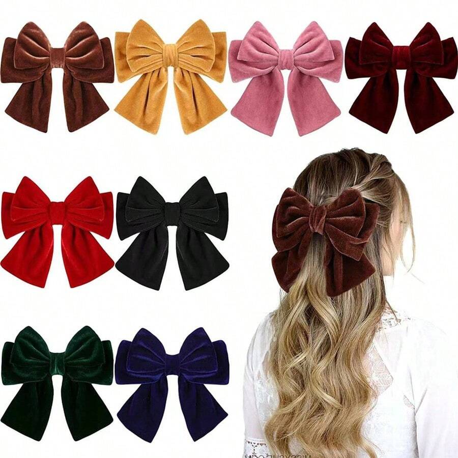 8入組/套大號絲絨層次感女孩髮夾黑色絲帶蝴蝶結法式髮飾(大號蝴蝶結風格)