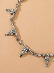 1條女式銀色金屬西部風格的綠松石牛頭腰鏈,可調節的日常休閒裝飾腰帶 - 銀色 - 查看 3