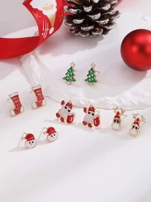 5對可愛的合金聖誕主題油滴聖誕老公公,馴鹿,聖誕樹形耳釘,適合女性節日裝扮 - 彩色 - 查看 1