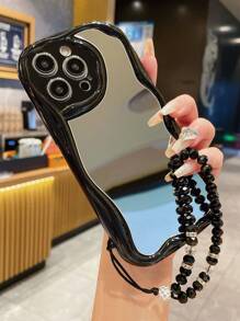 1pc Mirror + 1pc Transparent/Black Beaded Bracelet + 1pc Transparent/Ivory/Black Cream Wavy Edge Phone Case Compatible With IPhone 17/ 17 Pro/ 17 Pro Max/ Air, 14C/Note 14 4G/5G/14 Pro 5G/4G, OPPO, VIVO, S25 Ultra/S24 Ultra/S23 Ultra/A07/A17, Transsion Infinix - Black - View 3