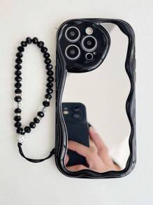1pc Mirror + 1pc Transparent/Black Beaded Bracelet + 1pc Transparent/Ivory/Black Cream Wavy Edge Phone Case Compatible With IPhone 17/ 17 Pro/ 17 Pro Max/ Air, 14C/Note 14 4G/5G/14 Pro 5G/4G, OPPO, VIVO, S25 Ultra/S24 Ultra/S23 Ultra/A07/A17, Transsion Infinix - Black - View 4