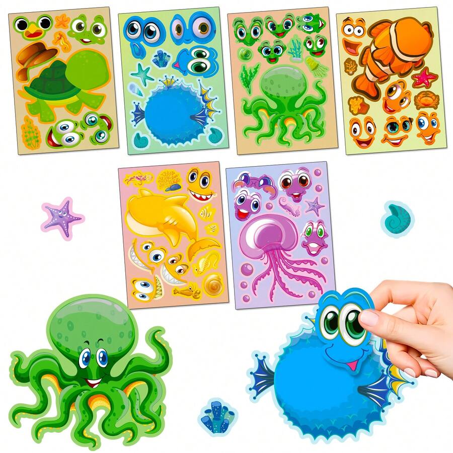 6 張/包水母海洋塗鴉貼紙,卡通手工 Diy 拼圖貼紙,完美的聖誕禮物