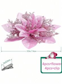 4 piezas Aprox. 14cm Flores de Navidad Artificiales con Brillo Rosa, Decoraciones para Árbol de Navidad, Decoración del Hogar Feliz Navidad, Regalo de Año Nuevo, Suministros para Fiesta de Navidad 2024 - Rosa - Ver 2