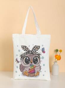 卡通貓頭鷹印花帆布手提袋,休閒旅行海灘肩袋,大號可重複使用的購物袋 - 白色 - 查看 2