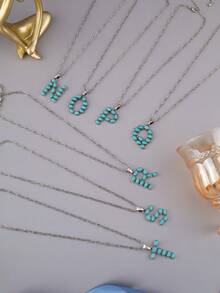 1pc Western Cowboy Style Turquoise Inlayed Alphabet Pendant Necklace - Antique Silver - View 5