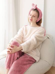 毛絨保暖奢華加厚女士家居服套裝帶圍巾 - 粉色 - 查看 10