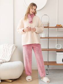 毛絨保暖奢華加厚女士家居服套裝帶圍巾 - 粉色 - 查看 3