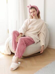 毛絨保暖奢華加厚女士家居服套裝帶圍巾 - 粉色 - 查看 9