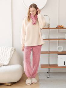 毛絨保暖奢華加厚女士家居服套裝帶圍巾 - 粉色 - 查看 4