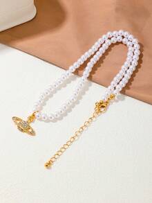 1pc Pearl Planet Pendant Necklace - Yellow Gold - View 4