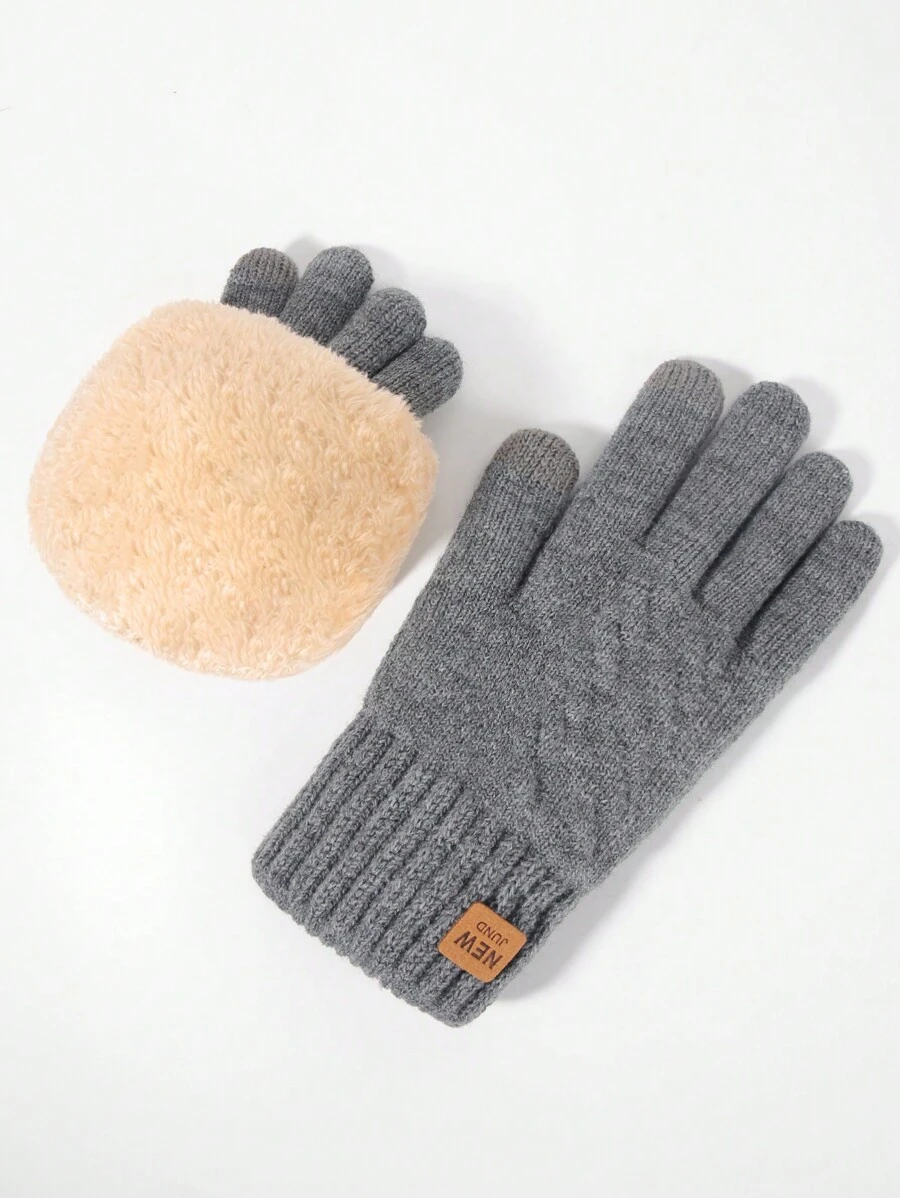 1 双灰色男士冬季针织触屏手套，双层保暖内衬，全指暖手器，适合寒冷天气，全新设计，休闲简约风格，适合派对、驾驶和日常使用 - 灰色 - 查看 1