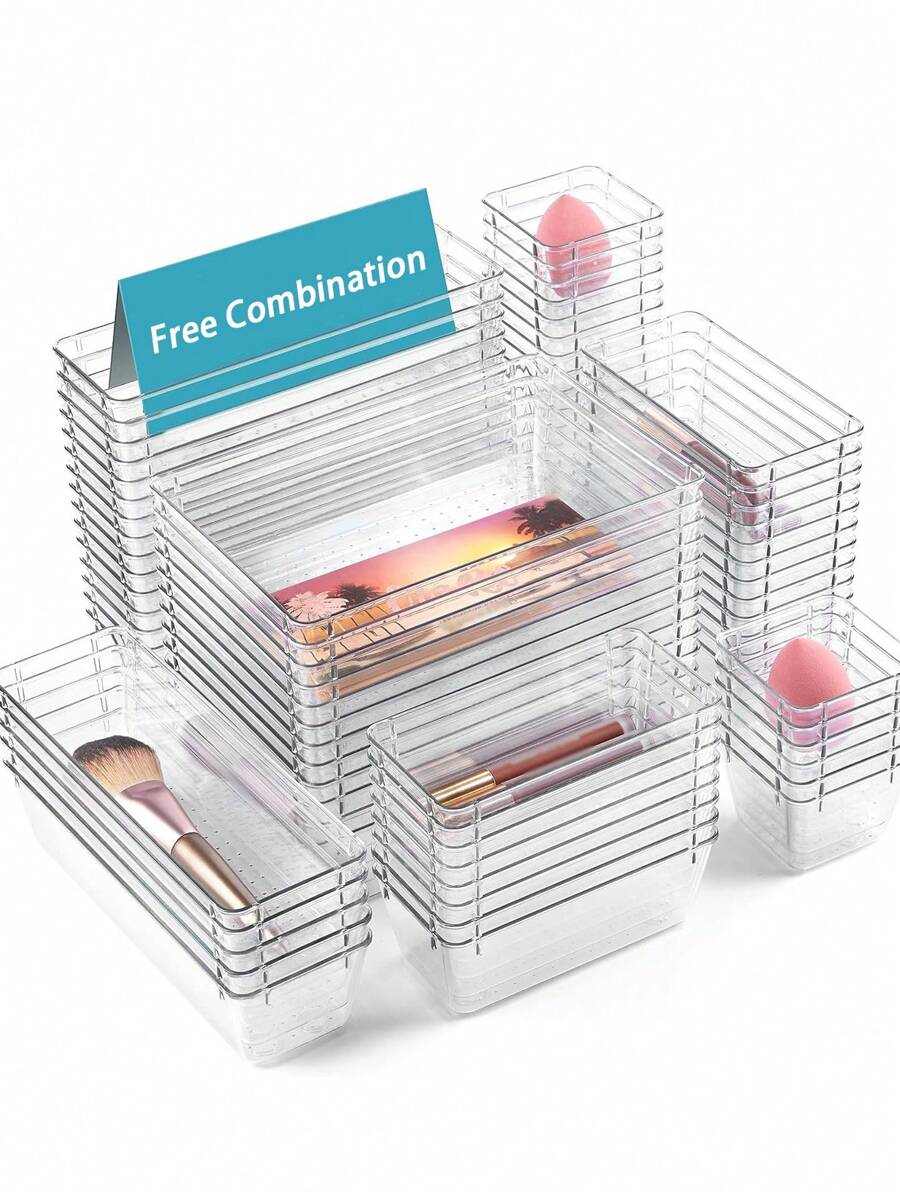 1pc Clear Plastic Drawer Organizers Set, 5-Size Versatile Bathroom And Vanity Drawer Organizer Trays, Non-Slip Storage Bins For Makeup, Jewelries, Kitchen Utensils And Office Desk Back To School
