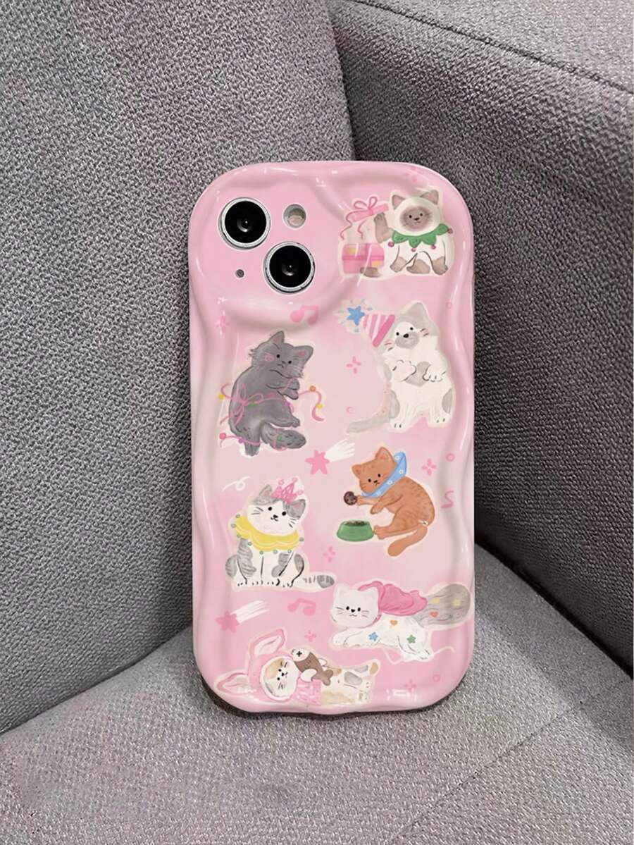 1入透明3D水波與粉色貓慶祝手機殼，適用於iPhone - 彩色 - 查看 1