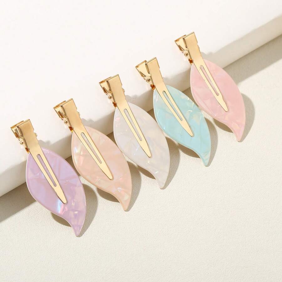 5 Piezas Coloridos Clips De Pelo Con Diseños De Perlas Y Hojas Para Flequillo - Multicolor - Ver 1