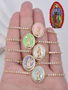 1只銅金鍍和鋯石玫瑰聖母手鏈,可調節大小,適用於女性,聖誕節禮物