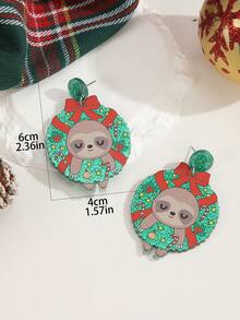1 對聖誕風格壓克力綠色圓圈和粉紅色蝴蝶結和樹懶形狀吊墜耳環適合女士聖誕配件
