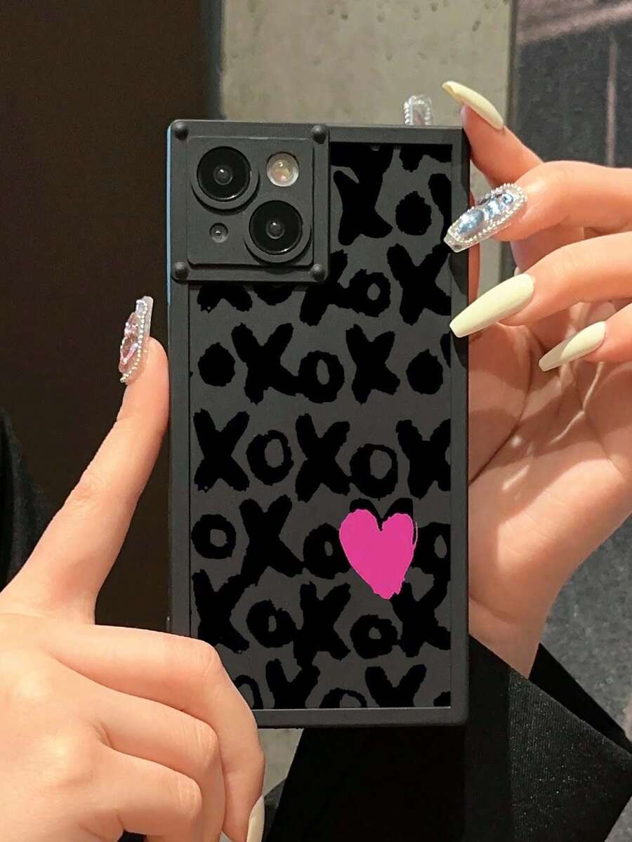 1入方形手機殼,有心型英文字母印花,適用於蘋果iPhone手機 - 黑色 - 查看 1